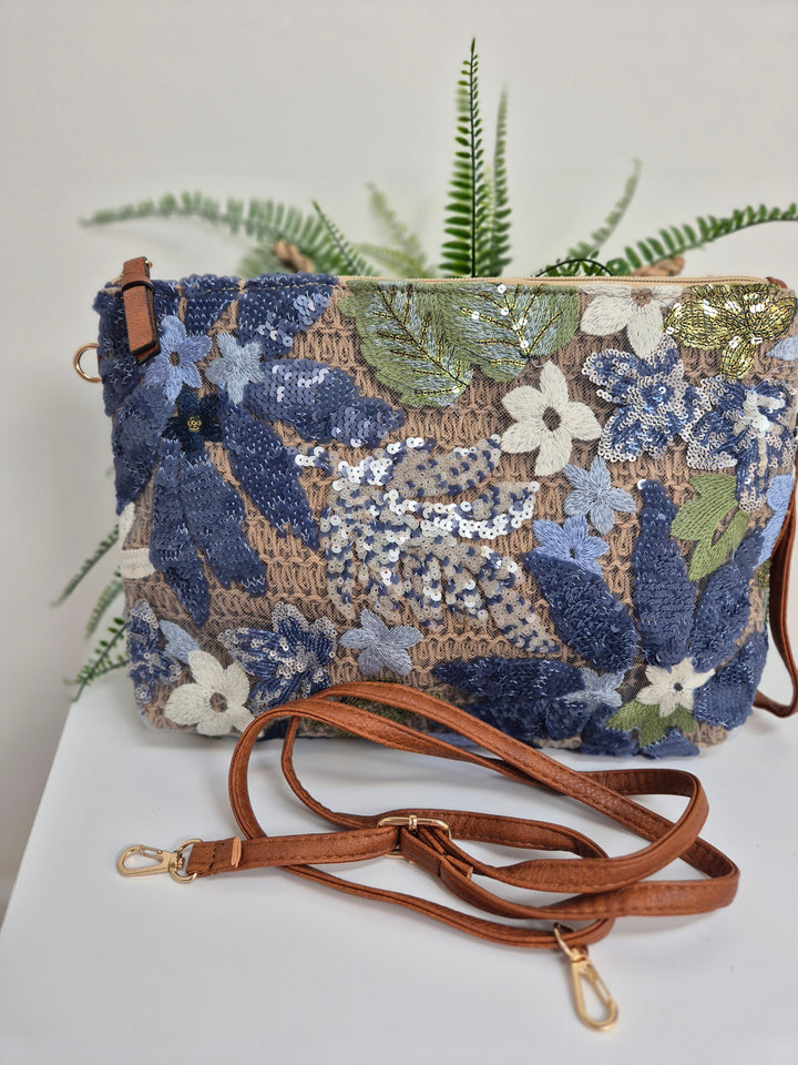 Floral Sequins Clutch Wristlet Bag - Blues