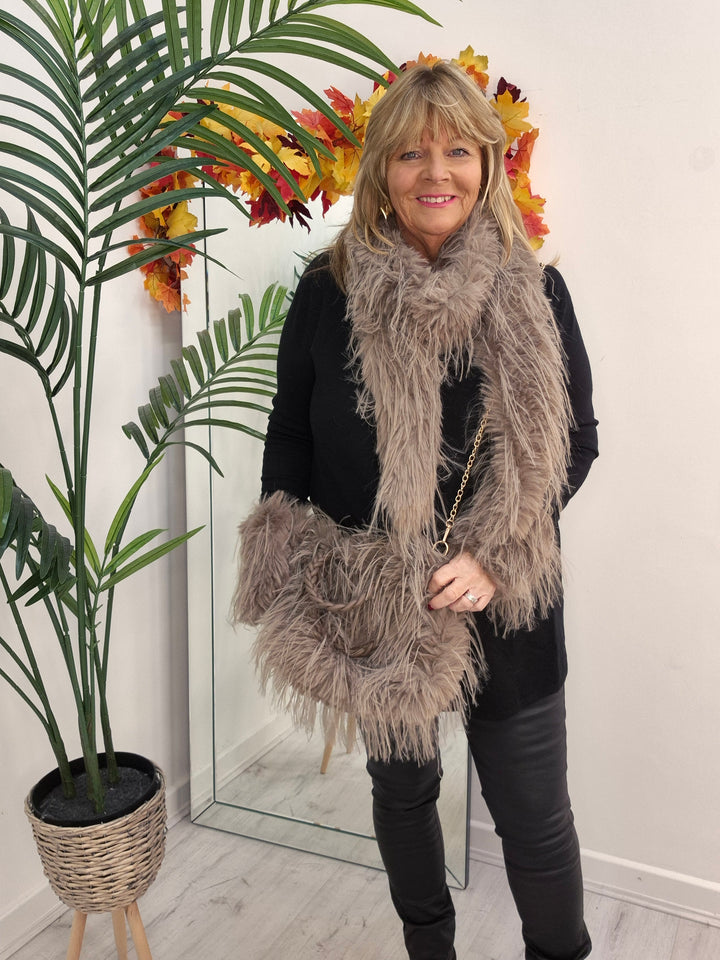 Oslo Faux Fur Shaggy Bag with Dual Handles & Chain Strap - Mocha