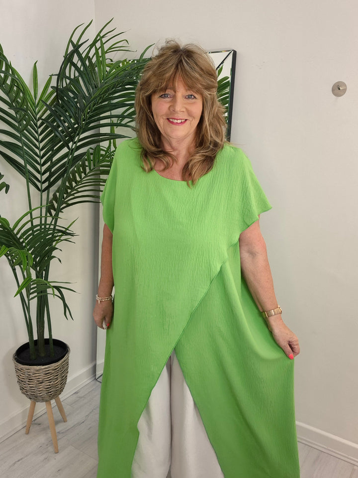 Sassi Crossover Longline Tunic & Wide Leg Pants Co-ord Set  - Lime/White