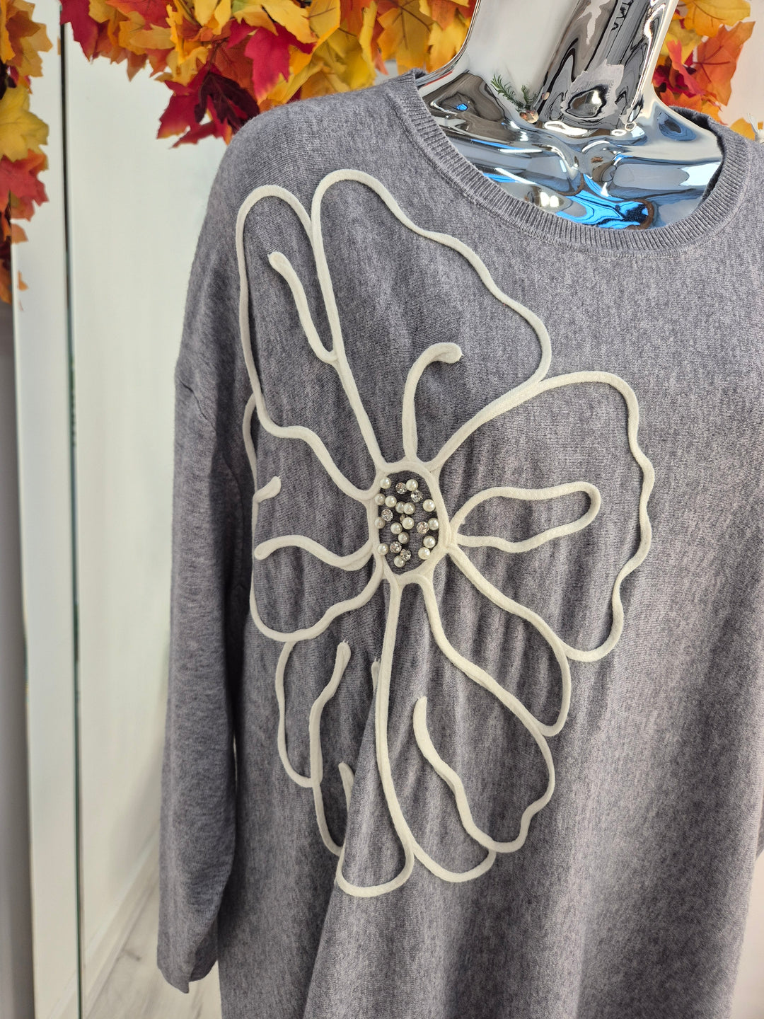 Pearl & Crystal Oversized Jumper - Grey (One Size/Curvy, fits from Size 14 up to Size 18)