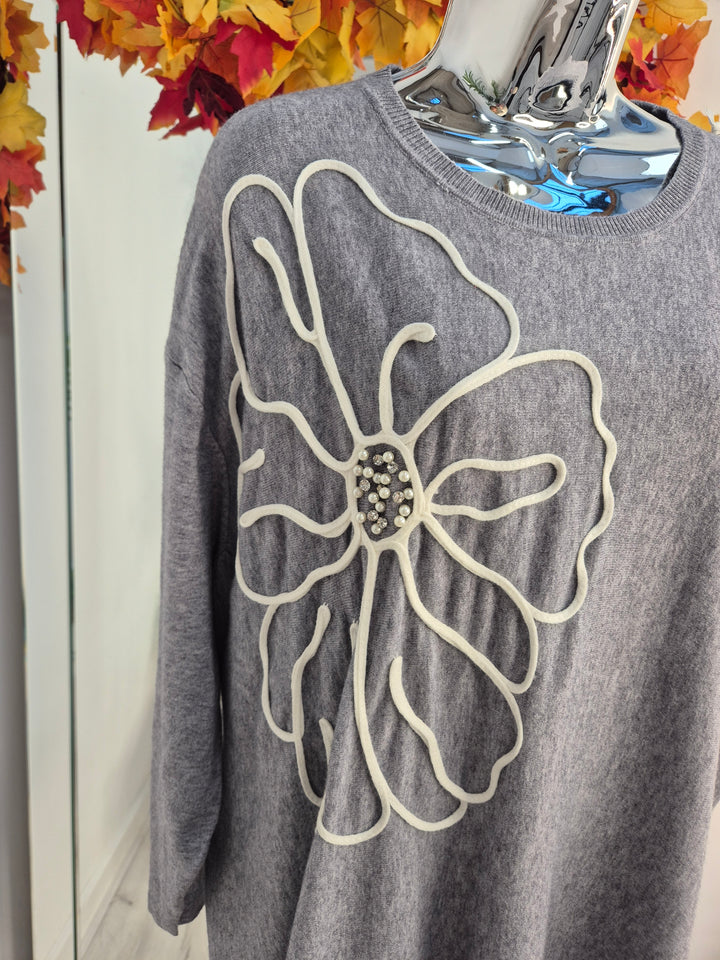 Pearl & Crystal Oversized Jumper - Grey (One Size/Curvy, fits from Size 14 up to Size 18)