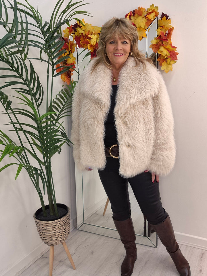 Oslo Faux Fur Shawl Collar Jacket - Creamy Stone (One Size/Curvy - fitting from Size 14 up to Size 18)
