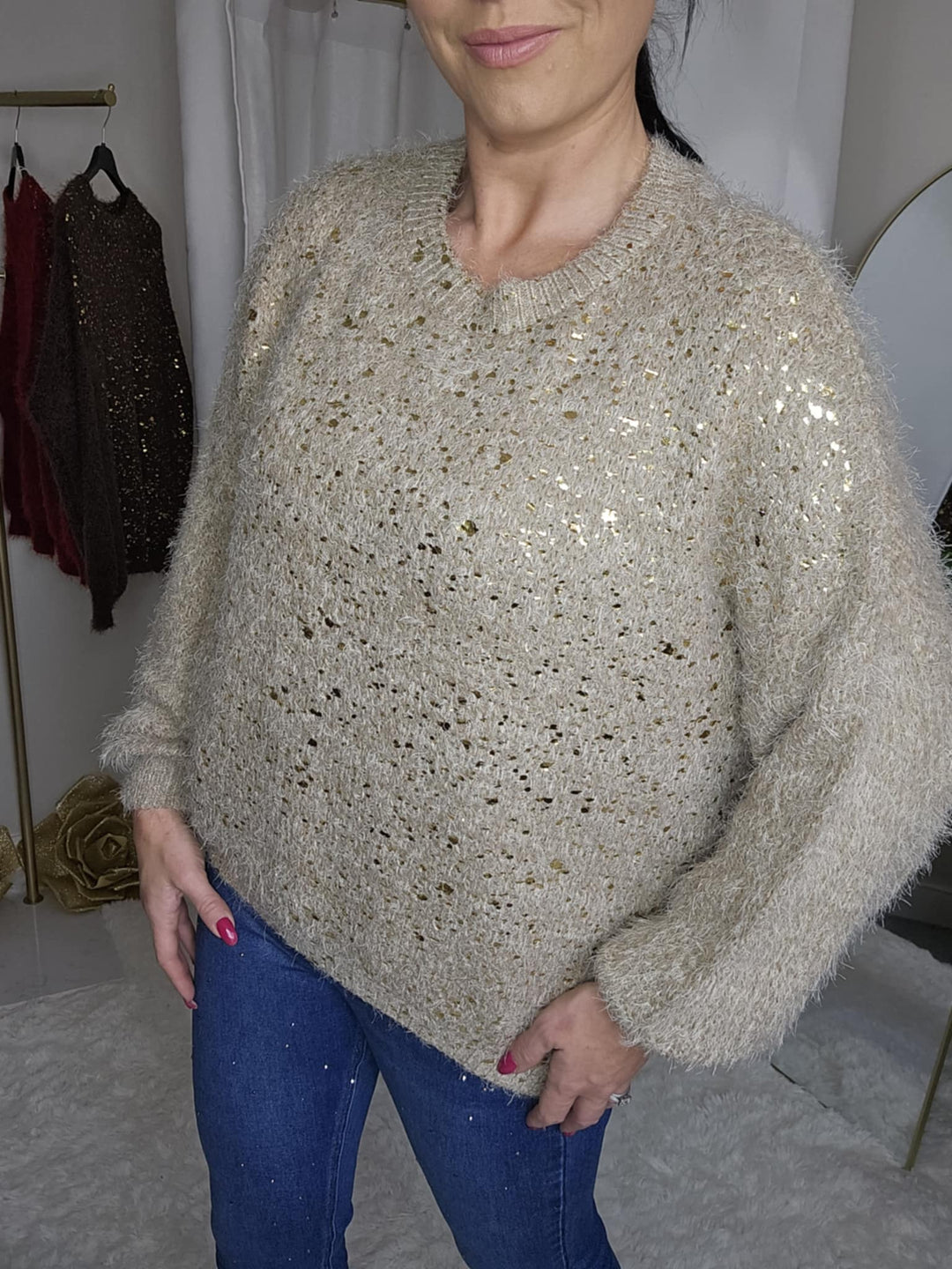 Gold Foil Sparkle Jumper - Biscuit (One Size, fits Size 10 up to Size 16)