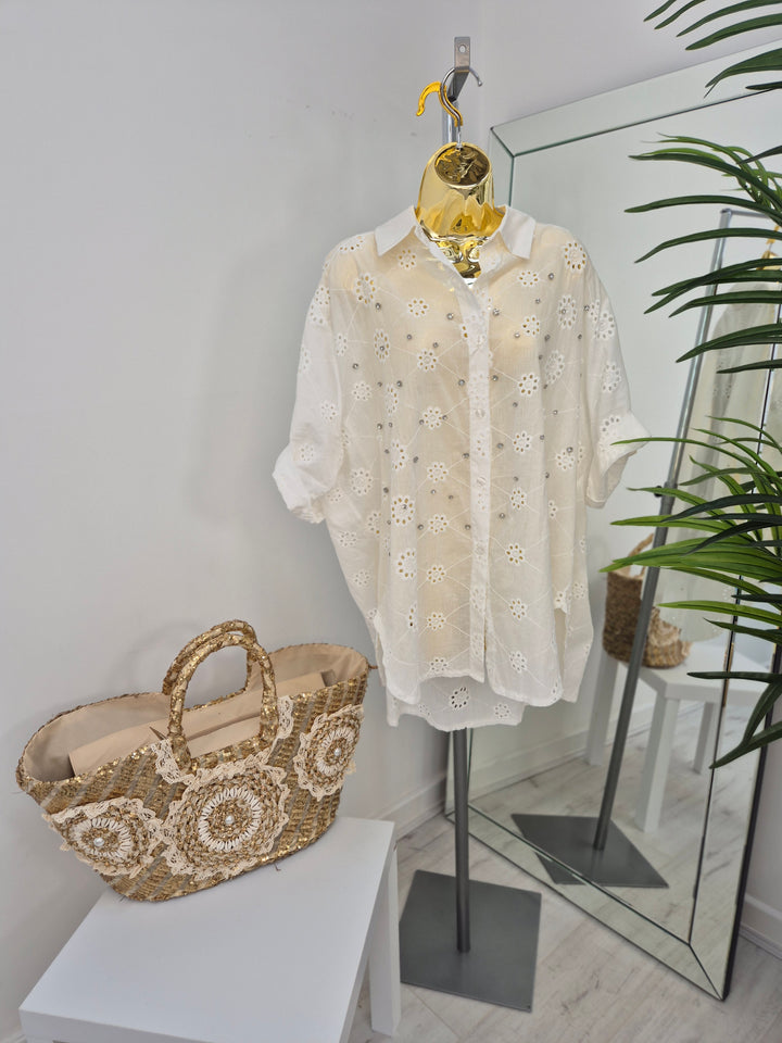 Zeta Otto Broderie Anglaise Blouse with Crystals - White (Oversized)