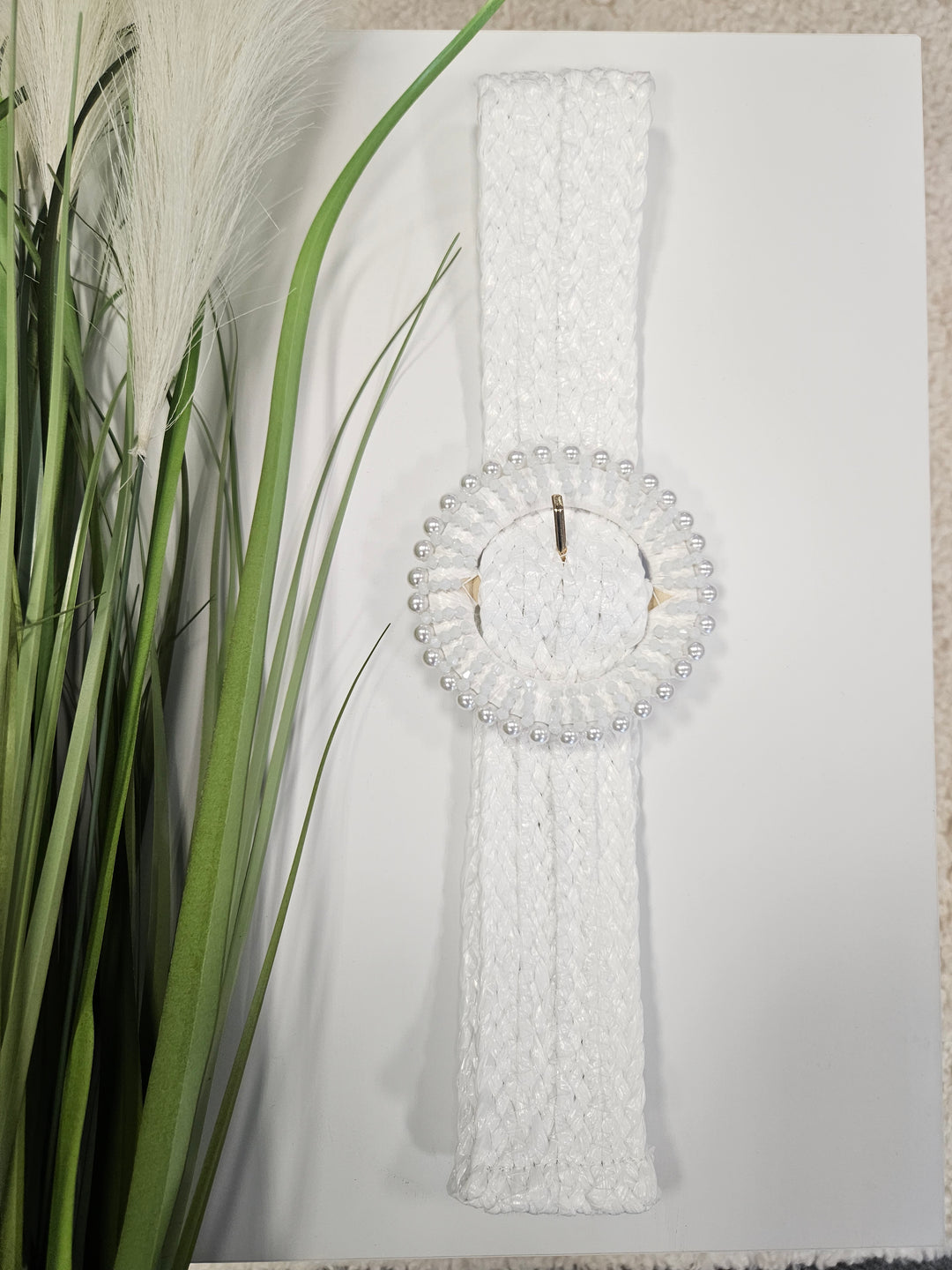 Raffia Crystal Belt with Pearl Buckle - White