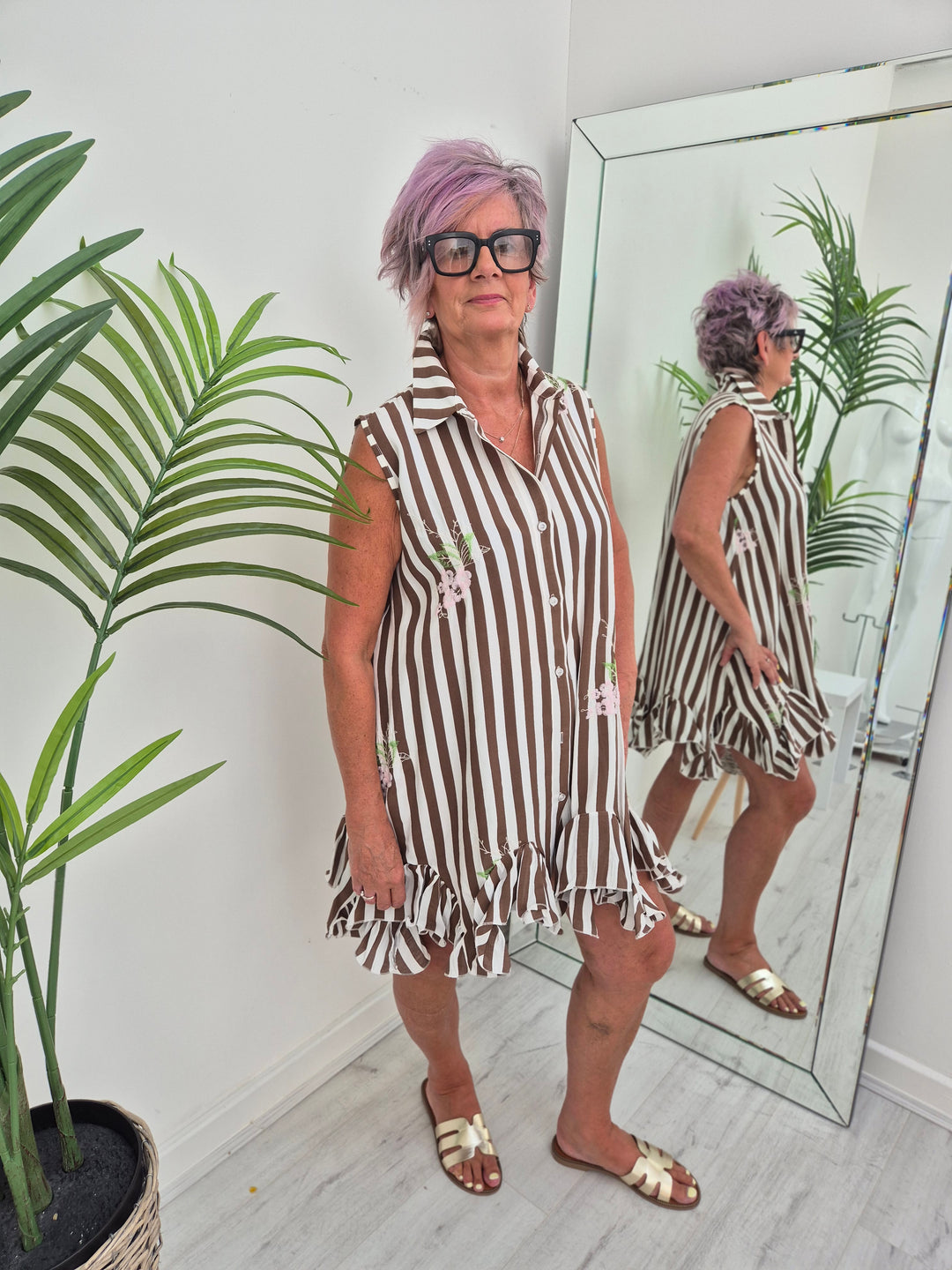 Seville Sleeveless Frilled Hem Dress - (One Size, fitting up to Size 16) - Floral Chocolate/White Stripes