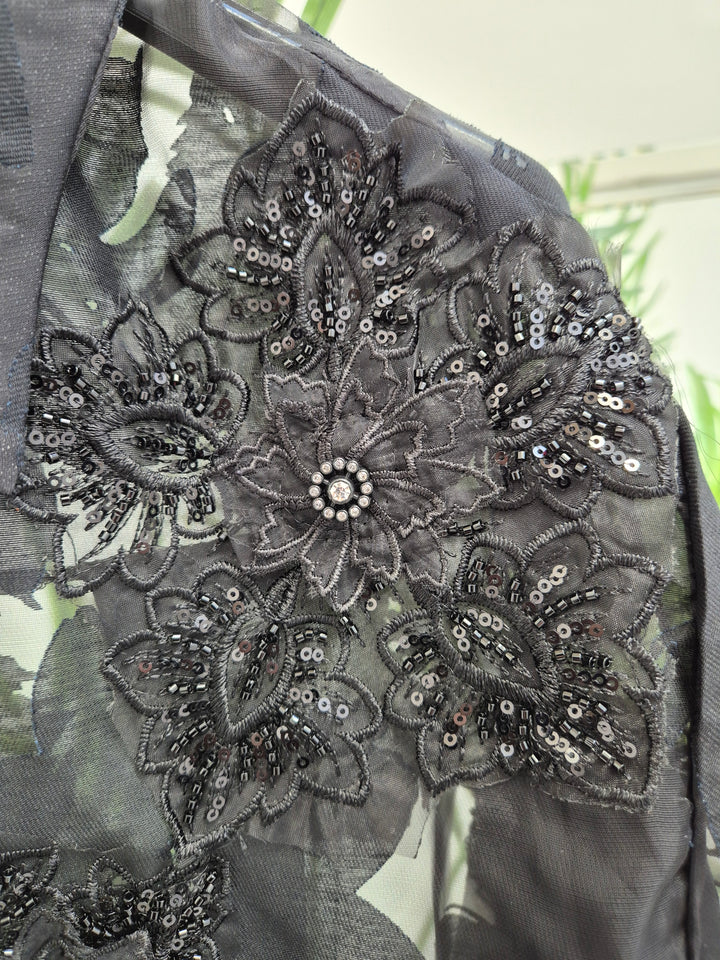 Valencia Ornate Blouse with Crystals & 3D Applique Sparkle - Black (One Size, fits from Size 12 up to Size 16/Small Busted Size 18)