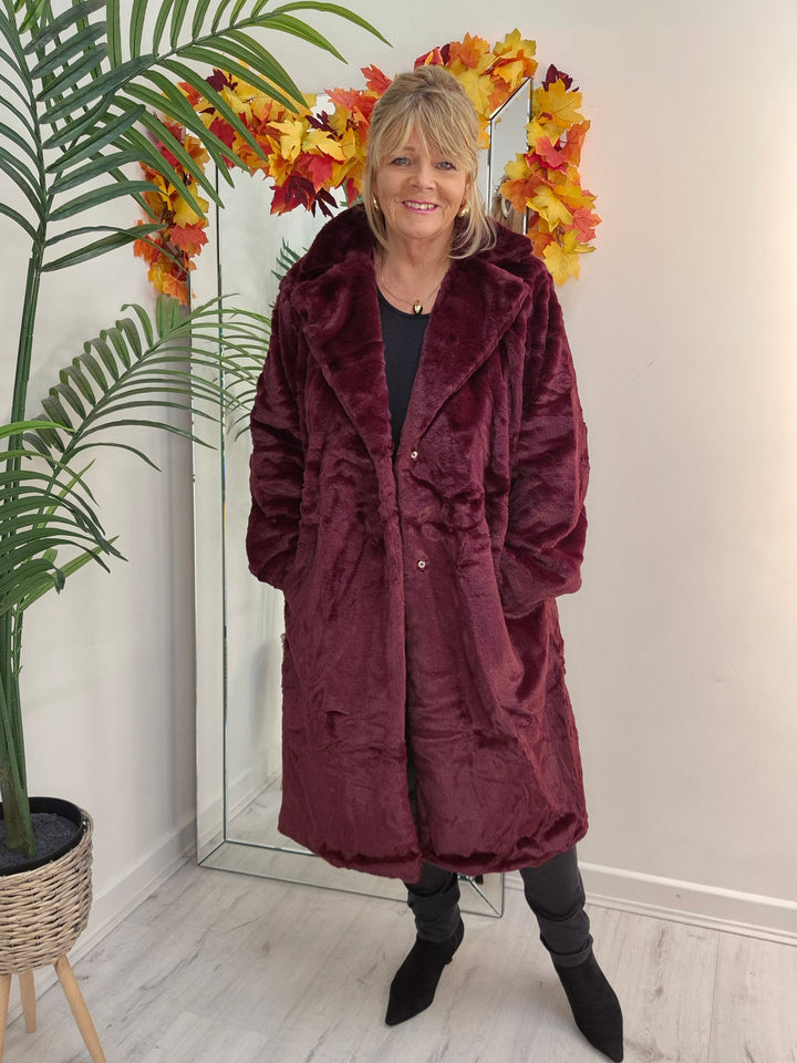 Oslo Faux Fur Longline Coat - Wine (choose your Size)