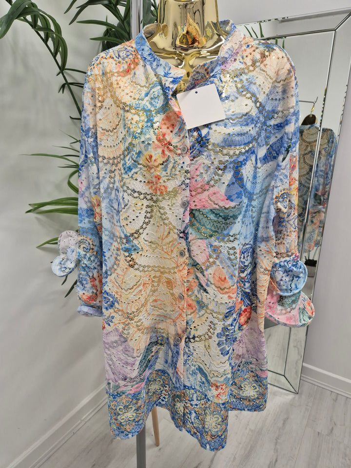 Alba Floral Double Fluted Sleeve Top - Blue/Pink (Oversized, fitting from Size 14 up to Size 20)