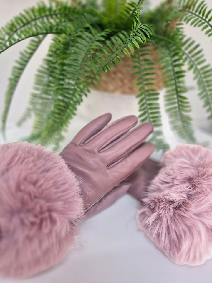 Oslo Gloves with Faux Leather & Faux Fur - Dusky Pink