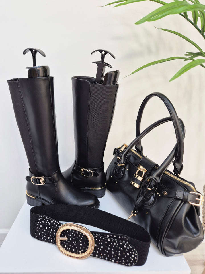 Boston Riding Boots with Elasticated Stretchy Back - Black