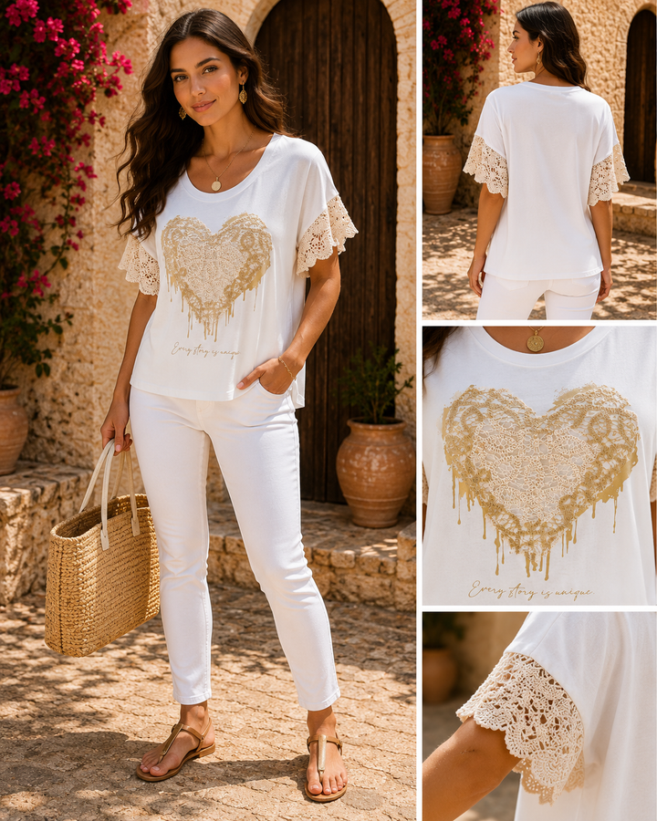 Valencia Hearts Tee - One Size (fits from Size 10 up to Size 16) - White/Gold