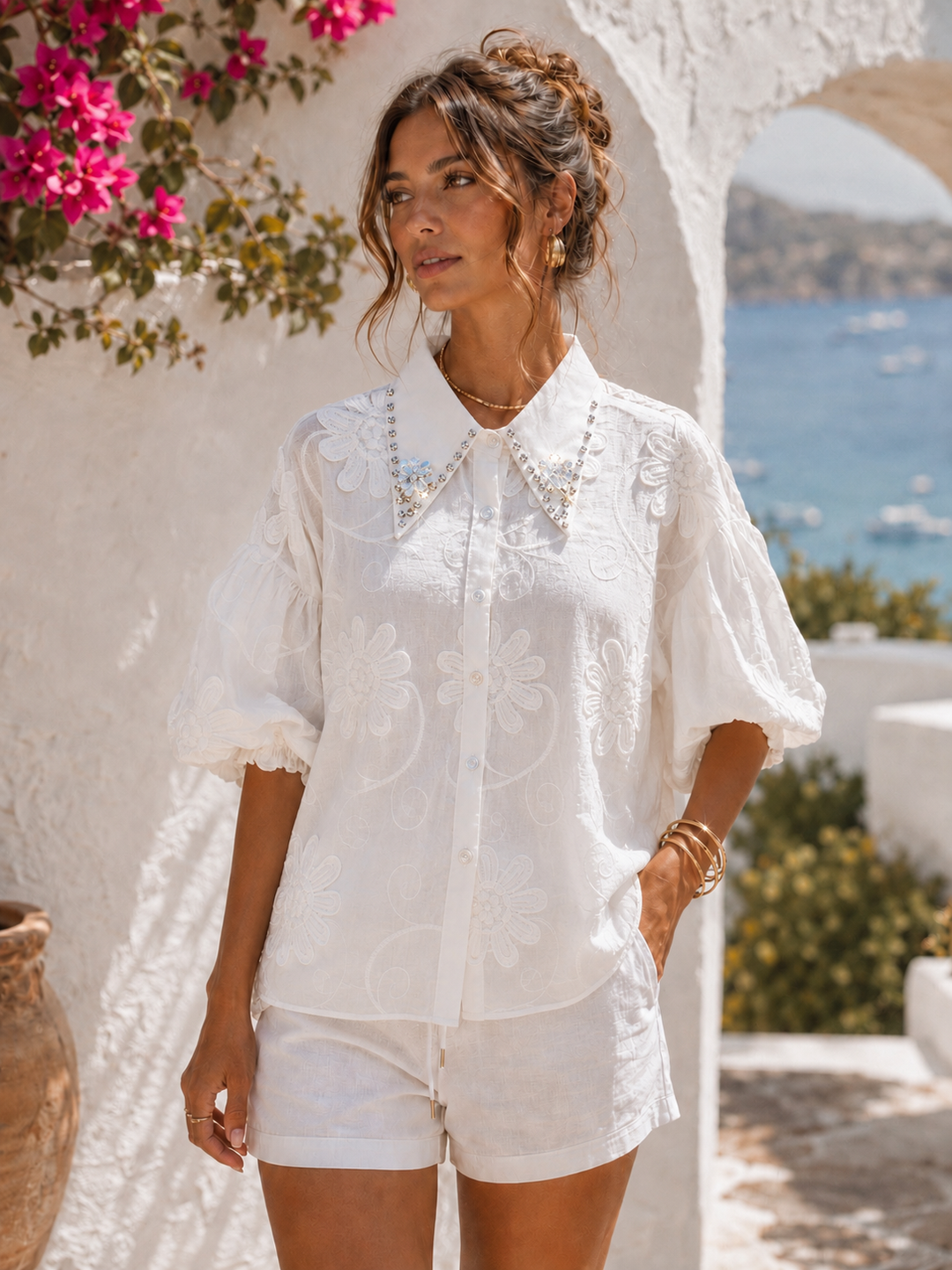 Crystal Floral Blouse with Puff Ball Sleeves - (One Size, fits up to Size 16) - White