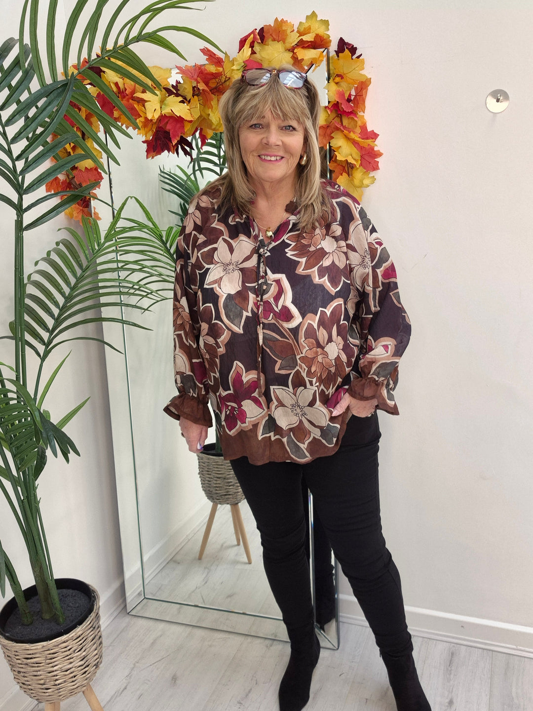 Floral Autumn Blouse - Black/Wine/Chocolate (fits from Size 12/14 to Size 18/20)