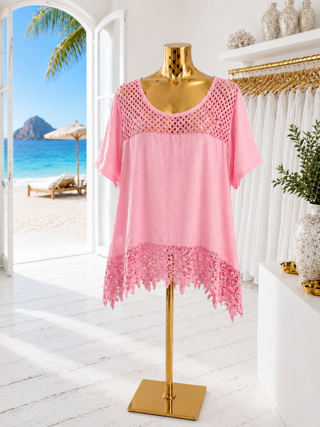 Es Cana Cotton Oversized Top with Crochet Trim - (choose your Colour) - Curvy Size - fitting from Size 16 up to Size 20)