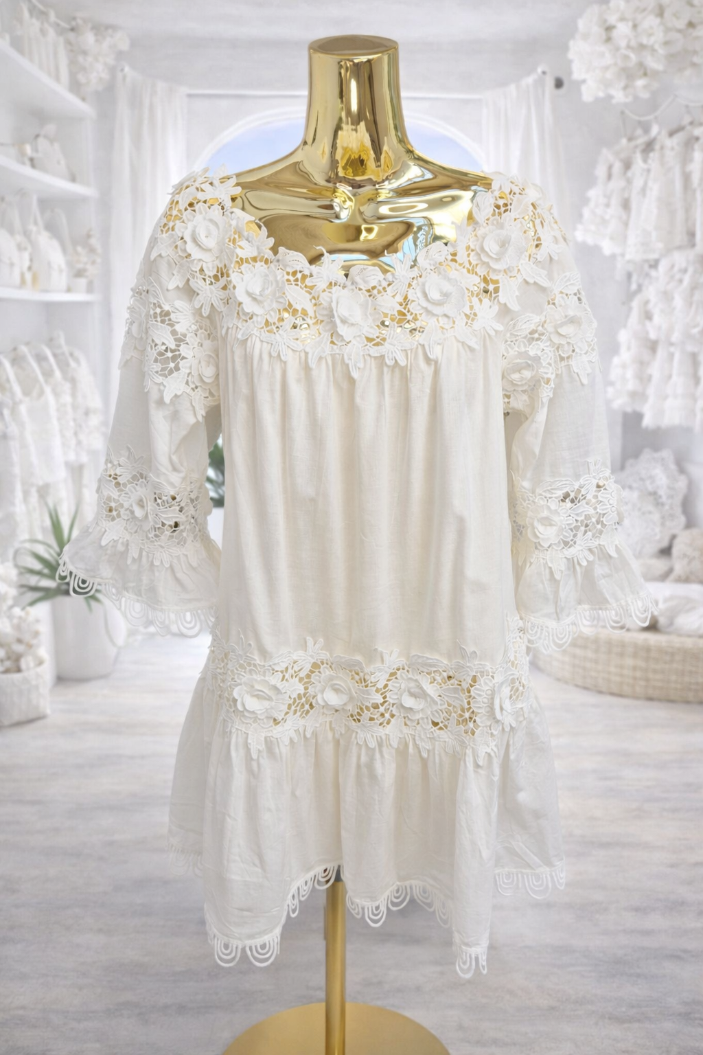 St Lucia Bardot Beach Dress/Top - White (One Size - fitting up to Size 16)