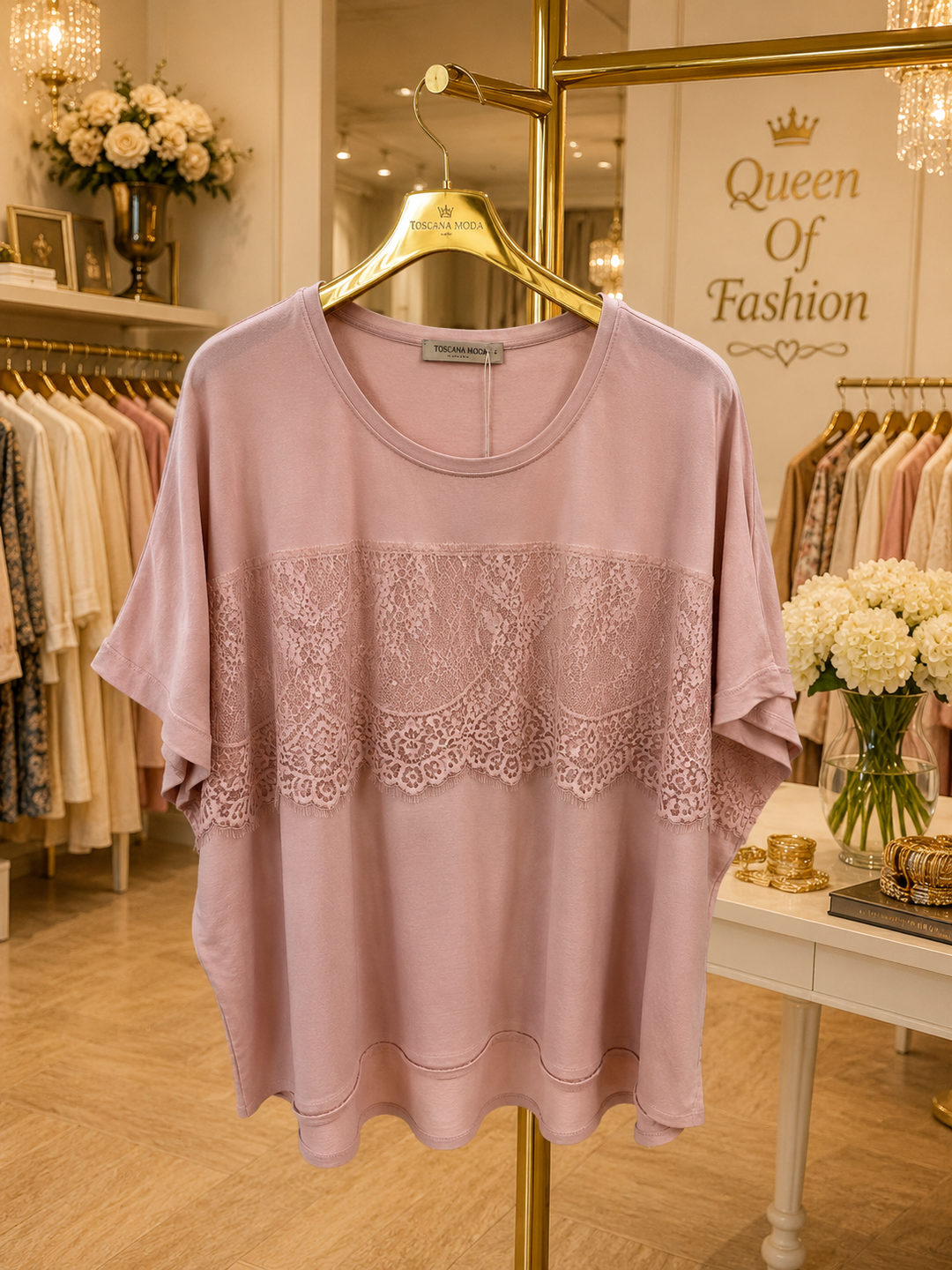 Lace Detail Hi-Lo Top (One Size Curvy, fits from Size 14 up to Size 18/20) - Dusky Pink