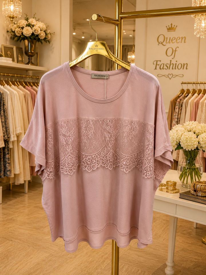 Lace Detail Hi-Lo Top (One Size Curvy, fits from Size 14 up to Size 18/20) - Dusky Pink