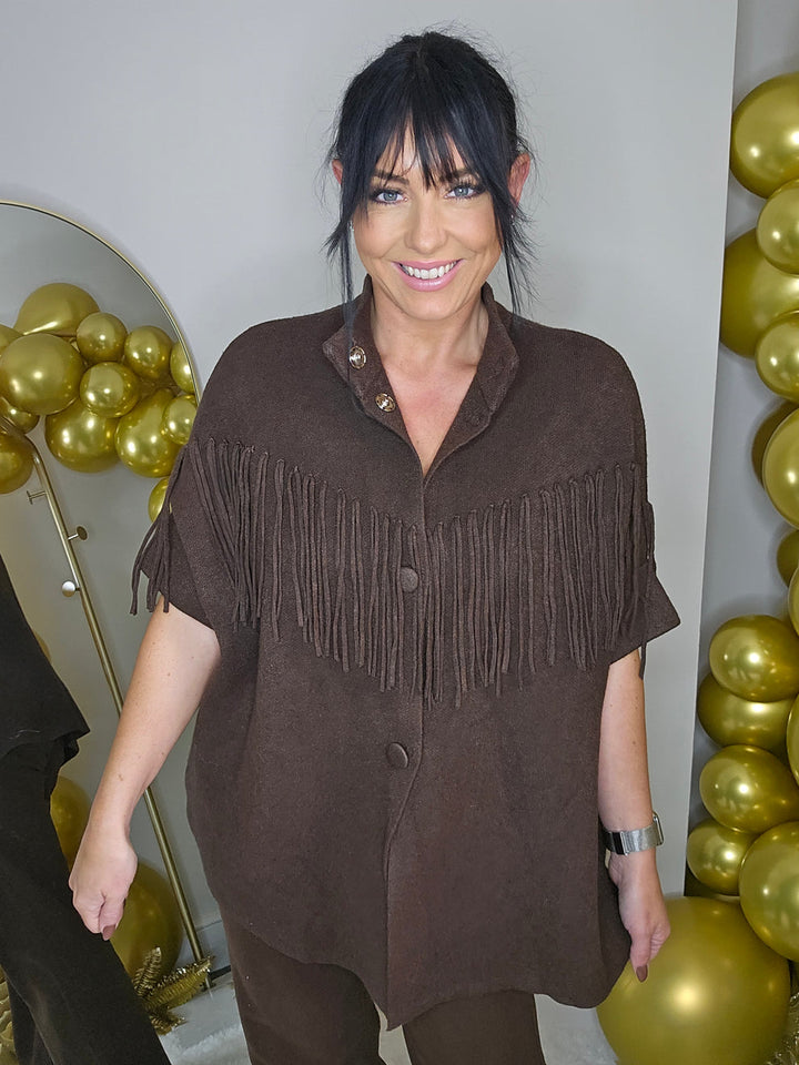 Broadway Fringed Cosy Knit Jacket - Chocolate - (Oversized - fits Size 14 to Size 18/20