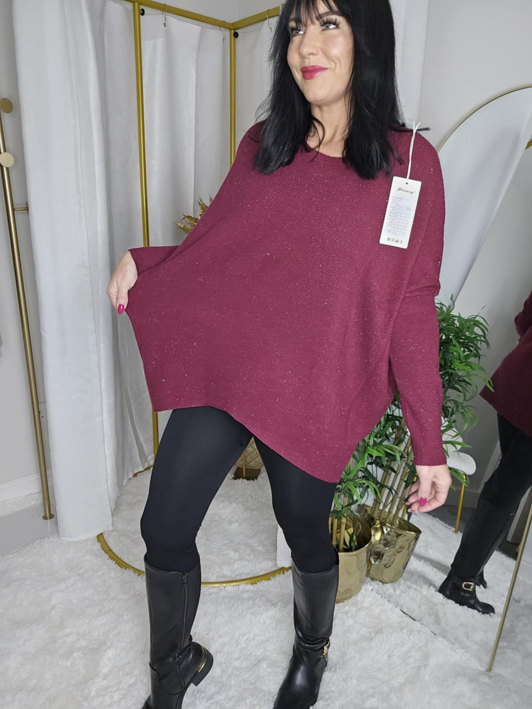 Simone Subtle Sparkle Hi Lo Jumper - Wine - (One Size/Curvy, fits from Size 12/14 up to Size 18)