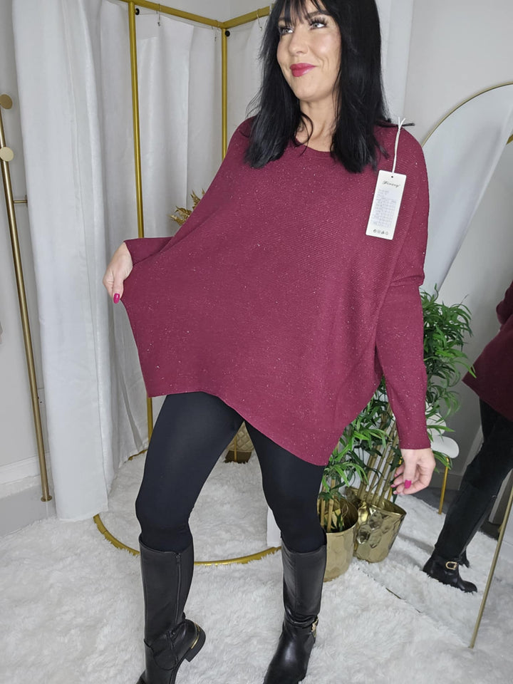 Simone Subtle Sparkle Hi Lo Jumper - Wine - (One Size/Curvy, fits from Size 12/14 up to Size 18)