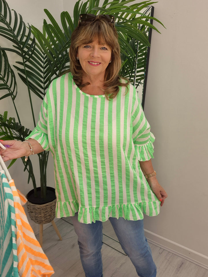 Candy Striped Top with Frilled Sleeves - (choose your Colour) - (Oversized)