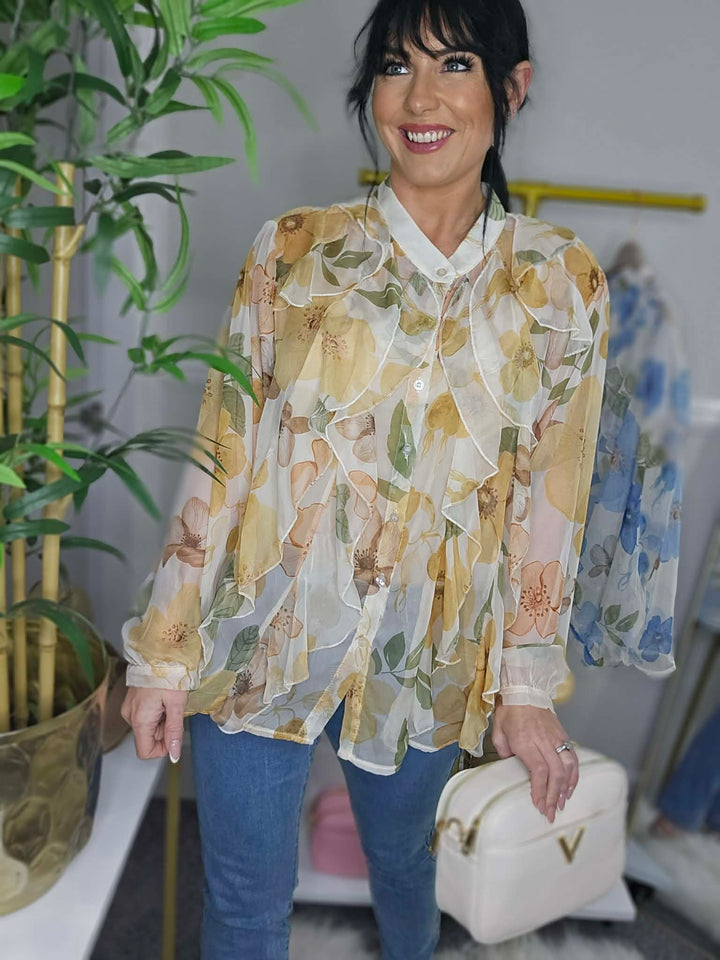Rosa Floral Ruffle Blouse (One Size/Curvy - fits from Size 14 up to Size 18) - Lemon