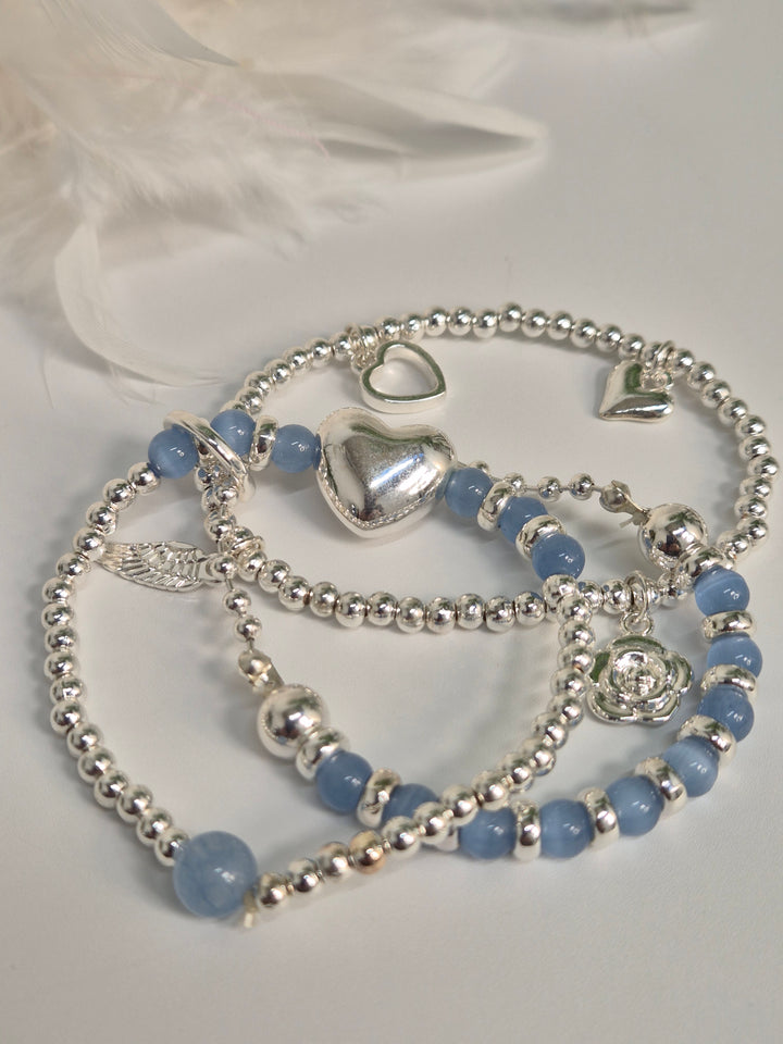Stacking Bracelets - Angel Wings, Hearts, Camellia Flower - Charms (Blue & Silver Tone)