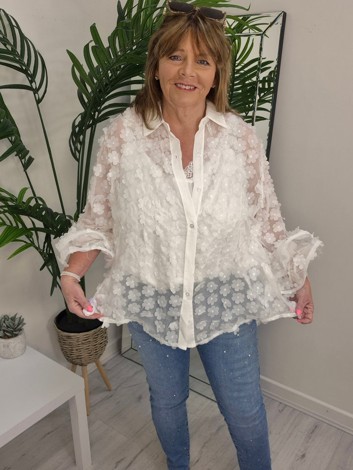 Alba Daisy Double Fluted Sleeve Blouse - White (Oversized)