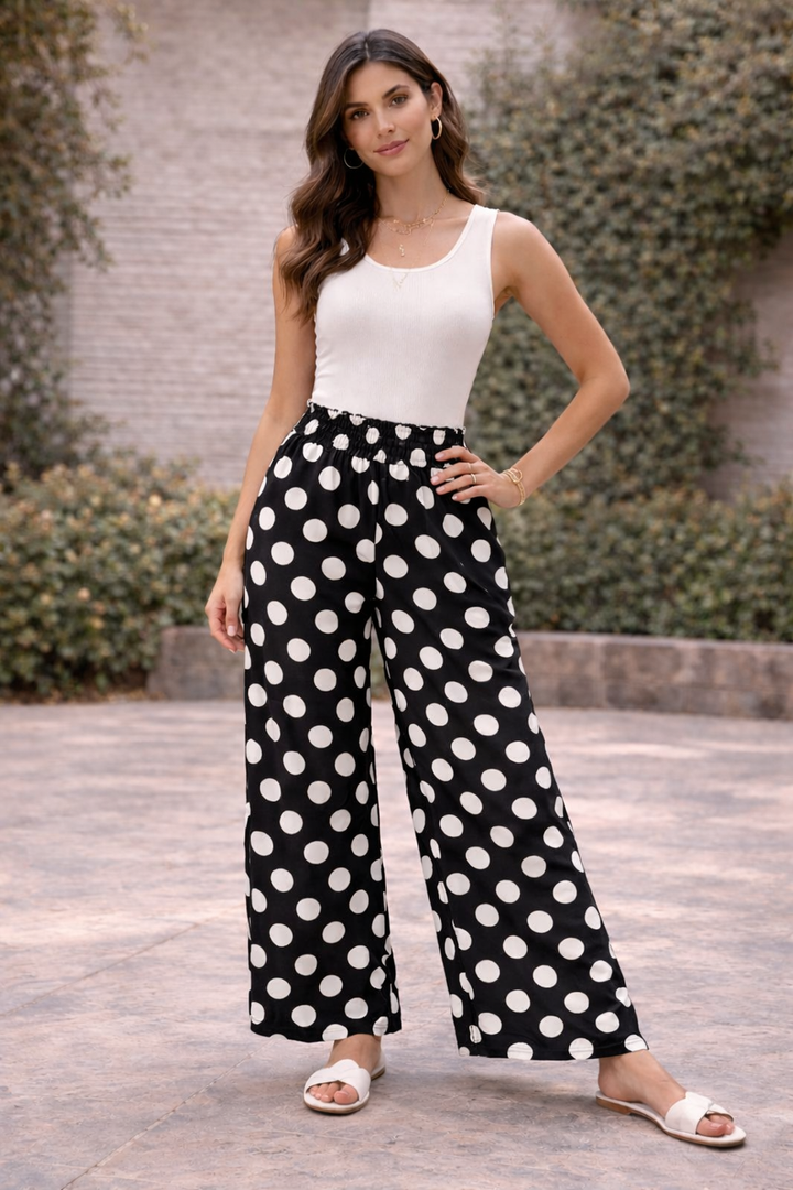Polka Dot Wide Leg Pants with Elasticated Waistband - (choose your Size & Colour)