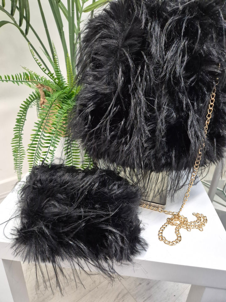 Oslo Faux Fur Shaggy Fingerless Gloves/Cuffs - Jet Black