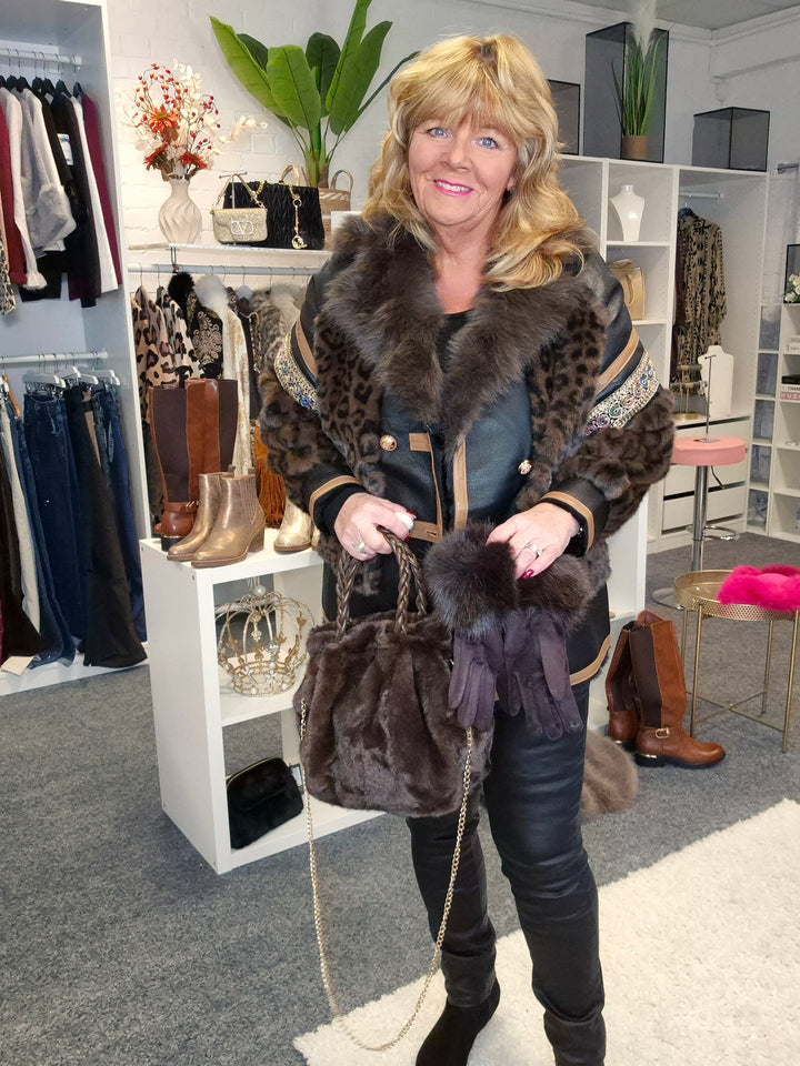 Oslo Faux Fur/Faux Leather Jacket - Chocolate Leopard - (Oversized fits Size 14 to Size 16/18)