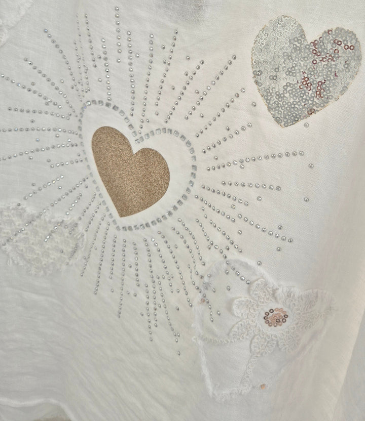 Amalfi Linen Hearts & Sequins Top - White (Oversized, fits from Size 14 to Size 18)