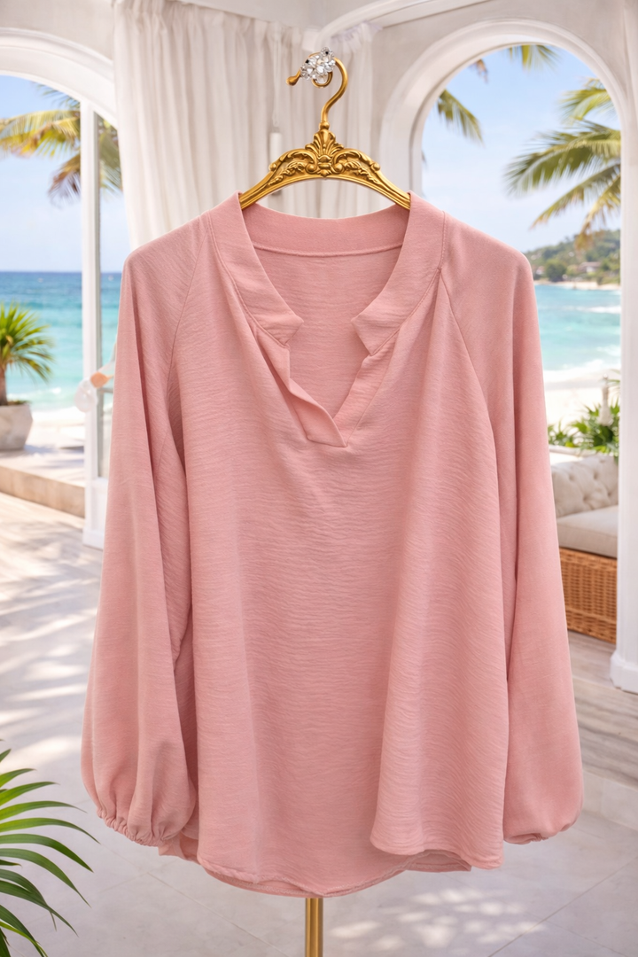 Mandy Mandarin Collar Blouse - Blush Pink (One Size/Curvy - fitting from Size 16 up to Size 20)