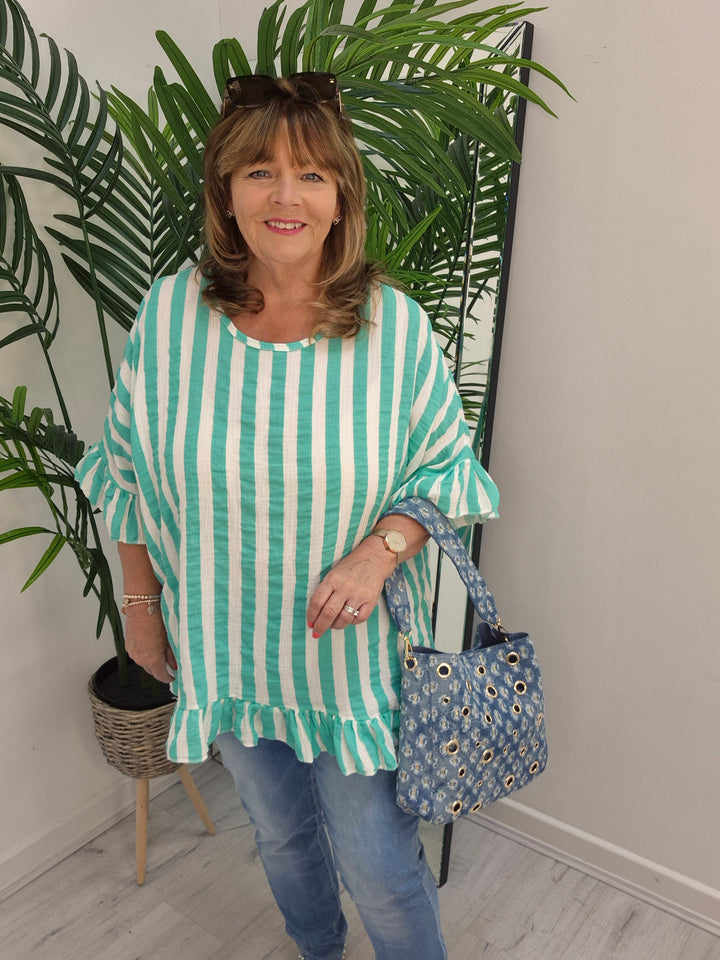 Candy Striped Top with Frilled Sleeves - (choose your Colour) - (Oversized)
