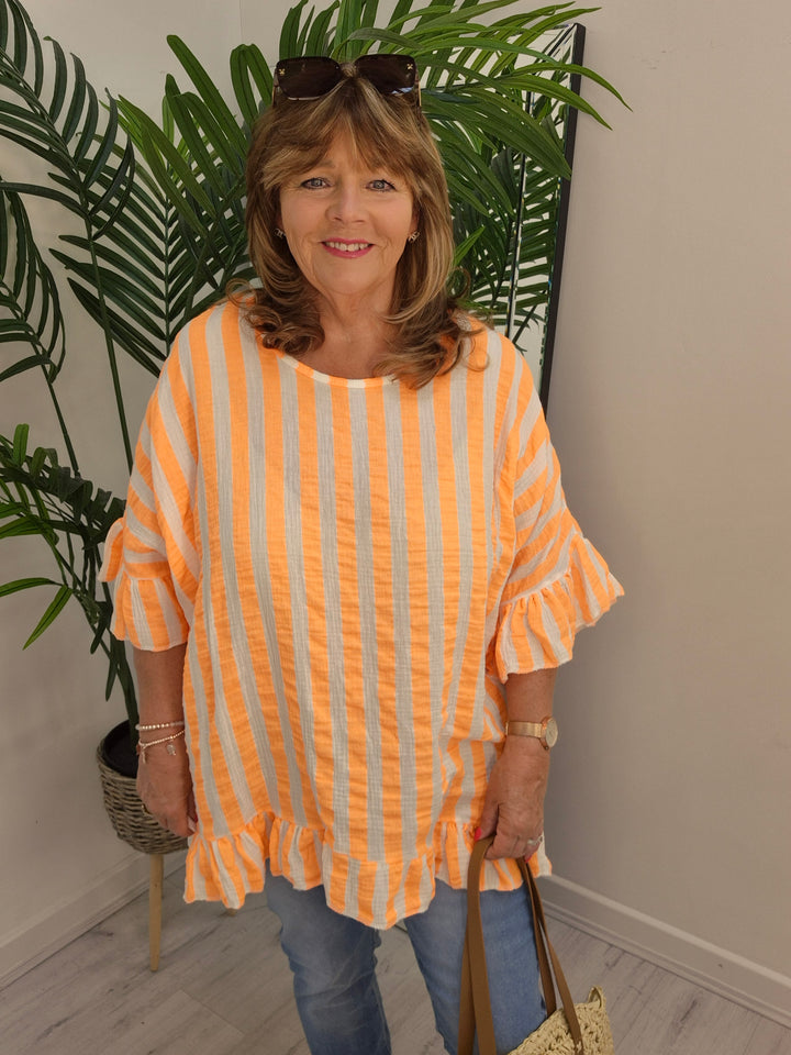 Candy Striped Top with Frilled Sleeves - (choose your Colour) - (Oversized)