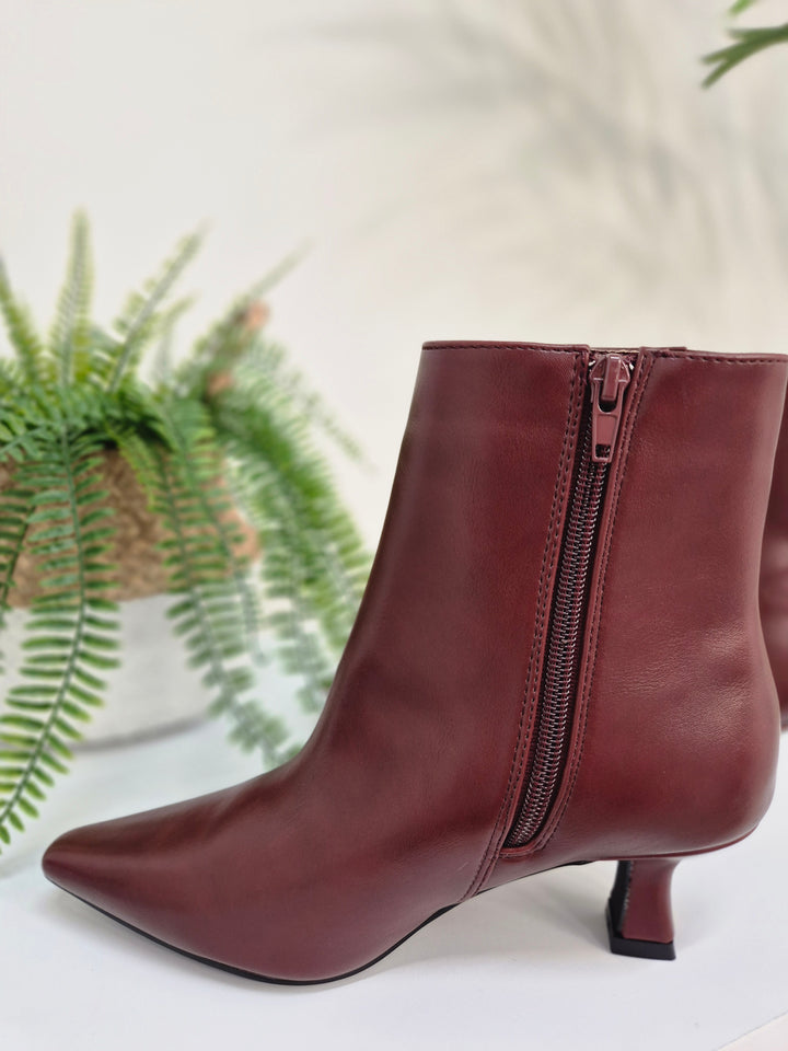 Mayfair Faux Leather Ankle Boots with Low Block Kitten Heel - Wine (choose your Size)