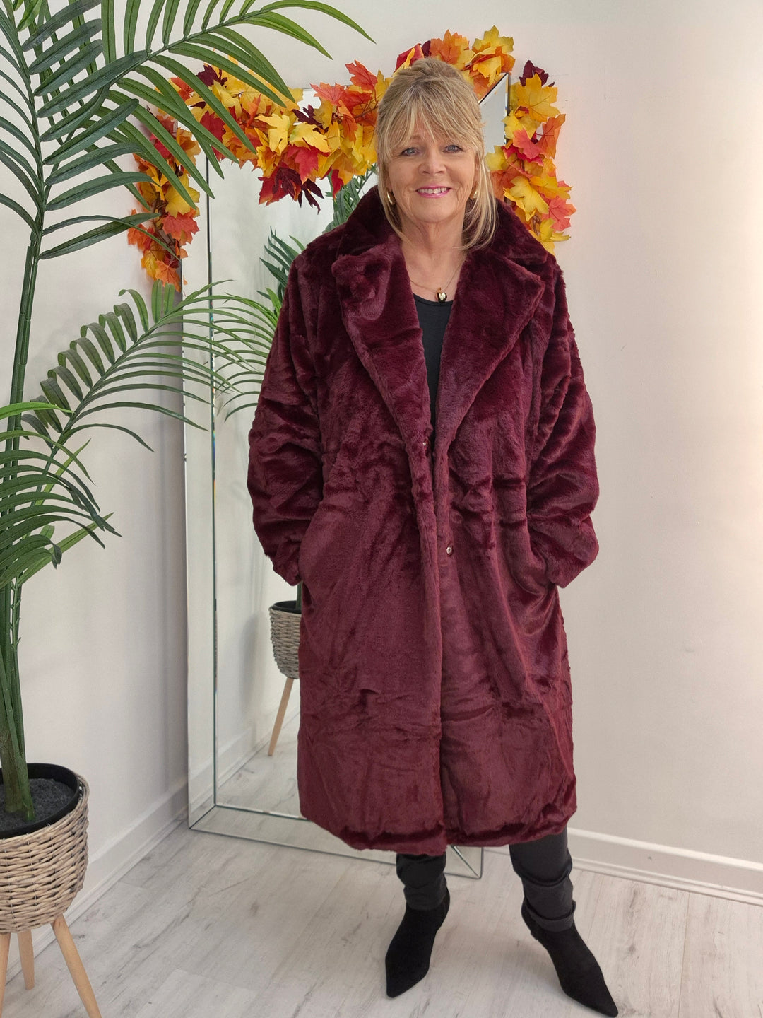 Oslo Faux Fur Longline Coat - Wine (choose your Size)