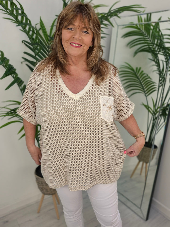 Anna Beaded Crochet Metallic Mesh Top - (choose your Colour) (Curvy)