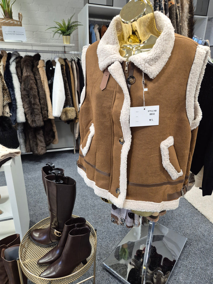 Borg Gilet with Zip - Tan (One Size fitting from Size 12 up to Size 16)