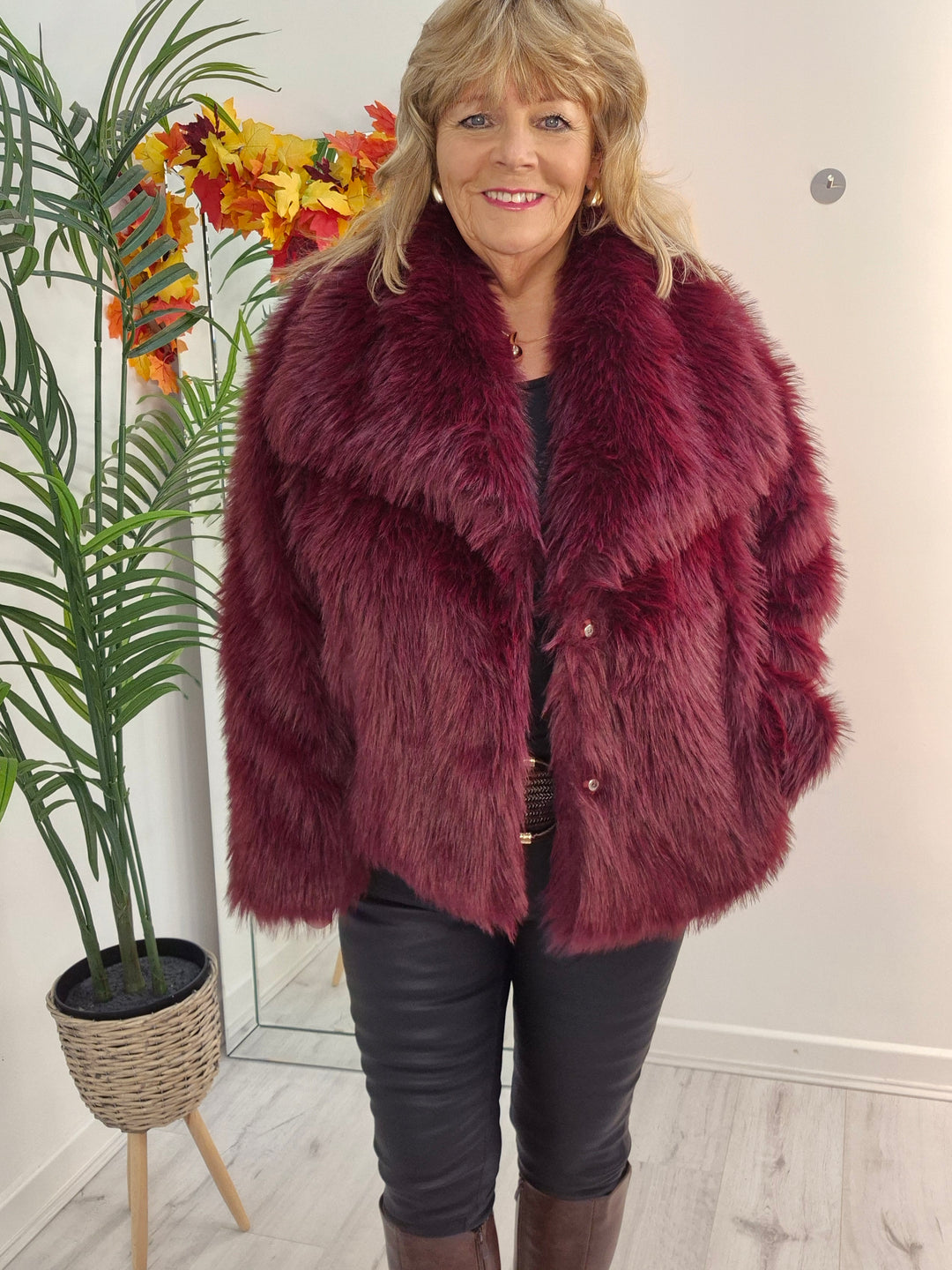 Oslo Faux Fur Shawl Collar Jacket - Wine (One Size/Curvy - fitting from Size 14 up to Size 18)