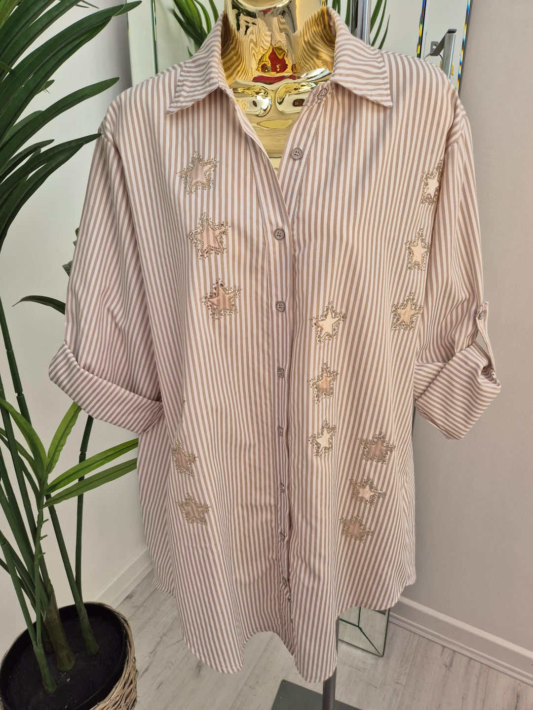 Stars Pin Stripe Oversized Shirt - (One Size/Curvy - fitting from Size 14 up to Size 20) Natural