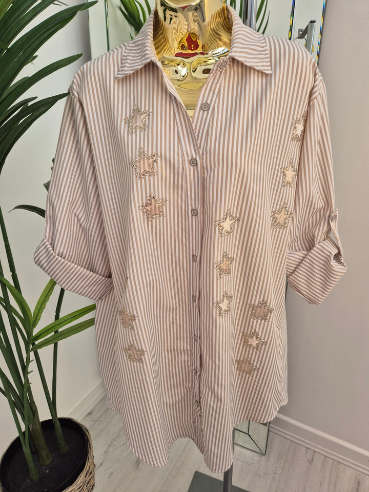 Stars Pin Stripe Oversized Shirt - (One Size/Curvy - fitting from Size 14 up to Size 20) Natural
