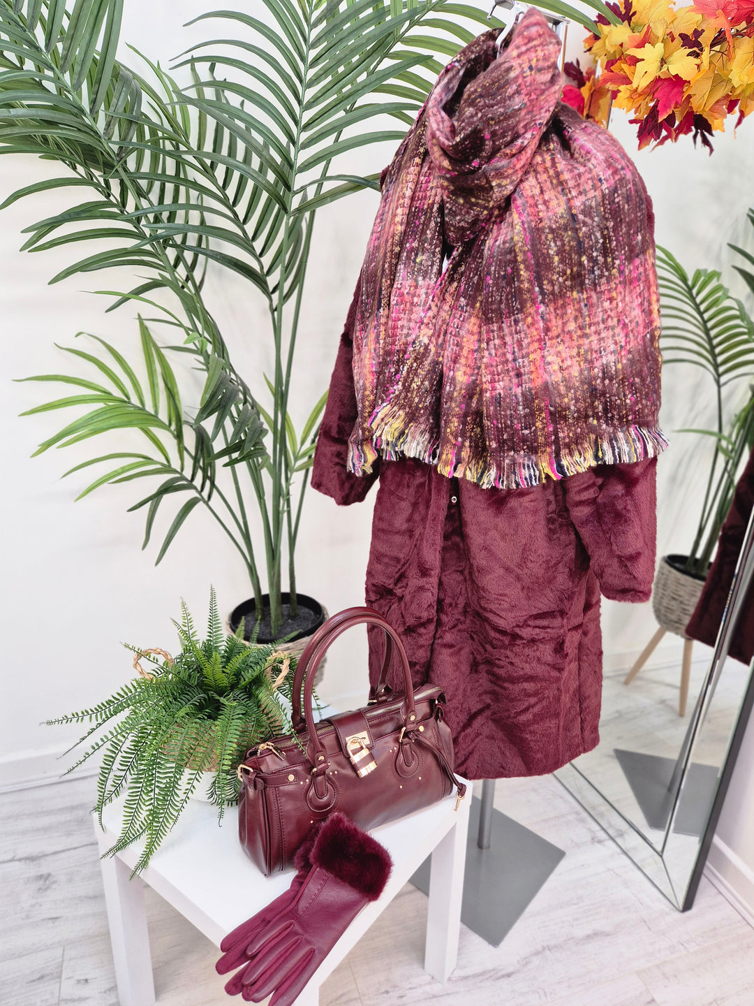 Cosy Brushed & Fluffy Scarf - Wine Multi
