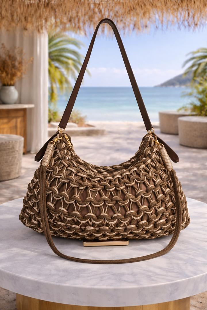 Marbella Gold Metallic Rope Bag - Chocolate/Gold