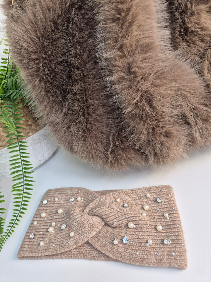 Sparkly Pearl & Crystal Headband - Mocha