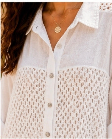 Amalfi Linen & Crochet Shirt with Crystal Sparkly Buttons - (One Size/Curvy fitting from Size 14 up to Size 18) - White