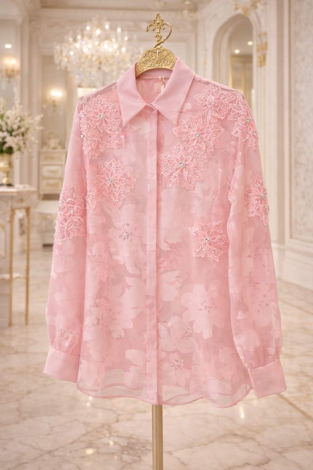 Valencia Ornate Blouse with Crystals & 3D Applique Sparkle - Pink (One Size, fits from Size 12 up to Size 16/Small Busted Size 18)