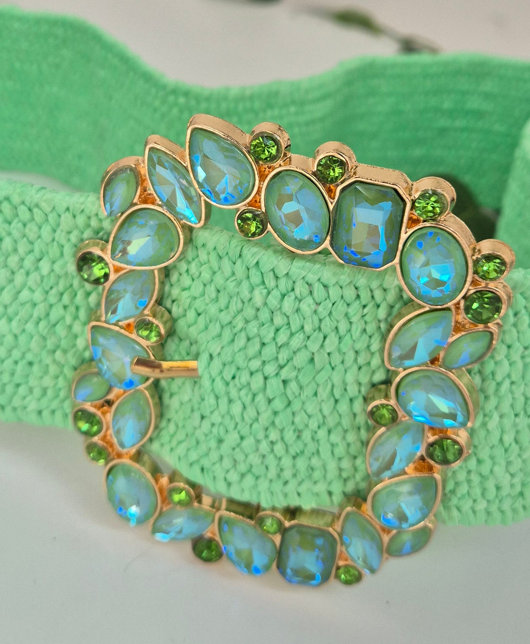 Crystal Buckle Belt (Stretchy Raffia) - (One Size) - Mint (Gold Tone)