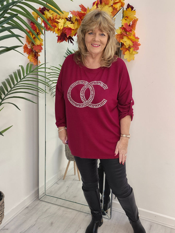 Coco Crystal & Diamante Oversized Hi Low Tops - Wine (fits from Size 14 up to Size 18/20)